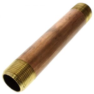 A cylindrical brass pipe with threaded ends on a white background.