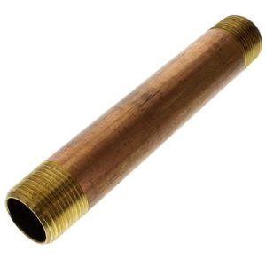 Brass pipe nipple with threaded ends on a white background.