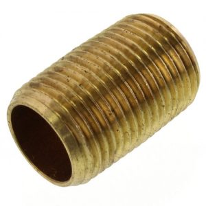 Brass threaded pipe nipple on a white background.