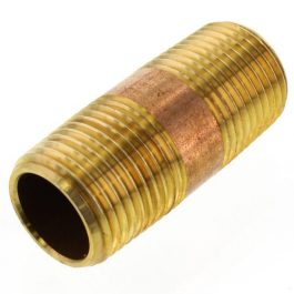 Brass threaded pipe nipple for plumbing on a white background.