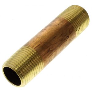 A cylindrical brass pipe nipple with threaded ends on a white background.