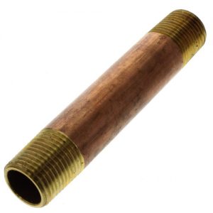 Brass pipe nipple with threaded ends, isolated on a white background.