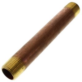 Copper pipe with threaded brass fittings on white background.