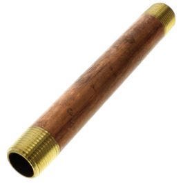 Brass pipe nipple with threaded ends on a white background.