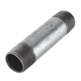 Galvanized steel pipe nipple with external threads on both ends.