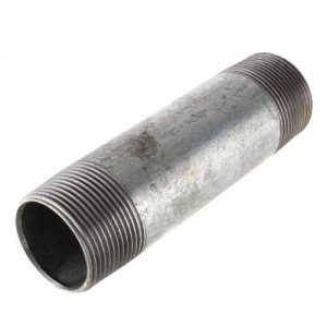 A steel pipe nipple with threaded ends on a white background.