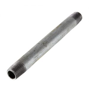 Metal threaded pipe nipple on a white background.
