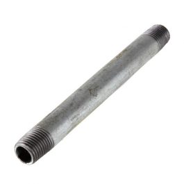 Galvanized steel pipe nipple with threaded ends on a white background.