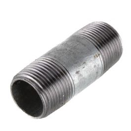 Galvanized steel pipe nipple with external threads on both ends.
