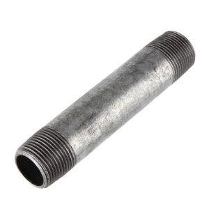 Galvanized steel pipe nipple with threaded ends on a white background.