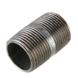 Metal pipe nipple with external threads on a white background.