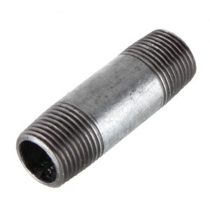 Metal pipe coupling with external threads on white background.
