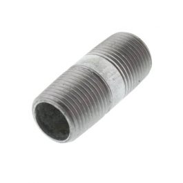 A metal threaded coupling nut on a white background.
