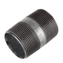 Metal pipe coupling with external threads on white background.