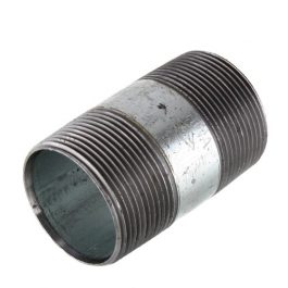 A metal pipe nipple with external threads on a white background.