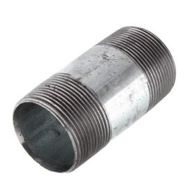 Metal pipe nipple with external threads isolated on a white background.