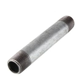 Metal pipe nipple with threaded ends on a white background.
