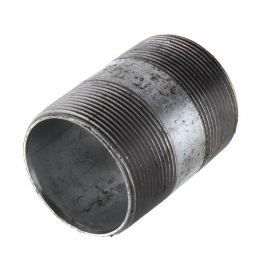 A metal threaded pipe coupling on a white background.