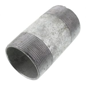 Galvanized steel pipe nipple on a white background.