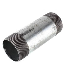 A metal pipe nipple with external threads on a white background.