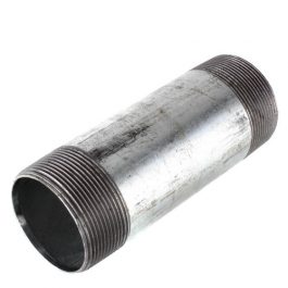 Galvanized steel pipe nipple with external threads isolated on a white background.