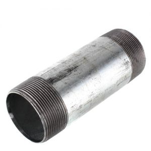 Metal pipe nipple with threaded ends on white background.