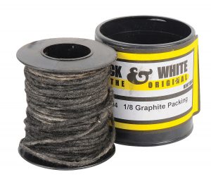 A spool of graphite packing material next to its labeled container.