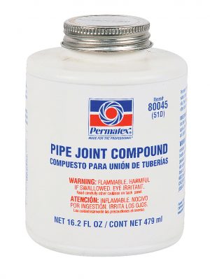 A jar of Permatex pipe joint compound with warning labels, 16.2 FL OZ size.