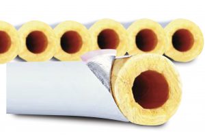 Cross-sections of insulated pipes with fiberglass and a roll of insulation material.