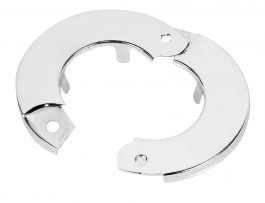 A shiny, open metal handcuff isolated on a white background.