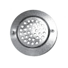 A circular metal drain cover with multiple drainage holes.