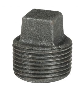 A metal hexagonal pipe cap with external threading.