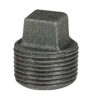 Metal pipe plug with hexagonal head and external threads.