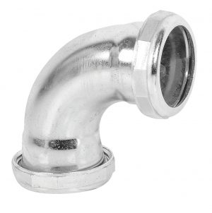 A shiny metal elbow pipe fitting with a flared end on a white background.