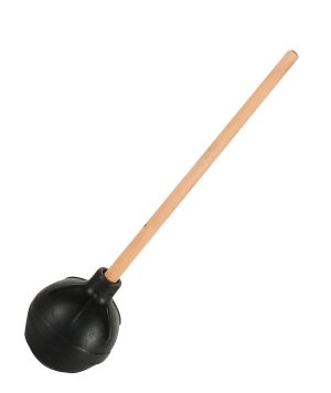 A rubber plunger with a wooden handle on a white background.