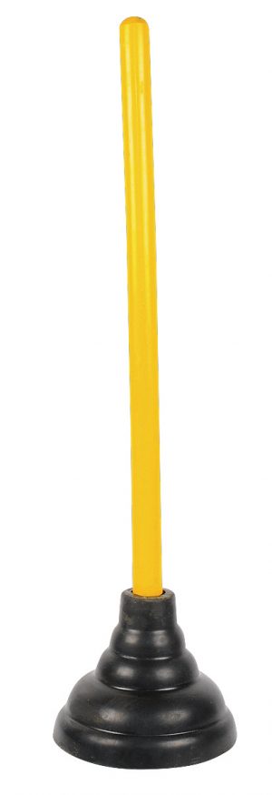 A black rubber plunger with a yellow handle on a white background.