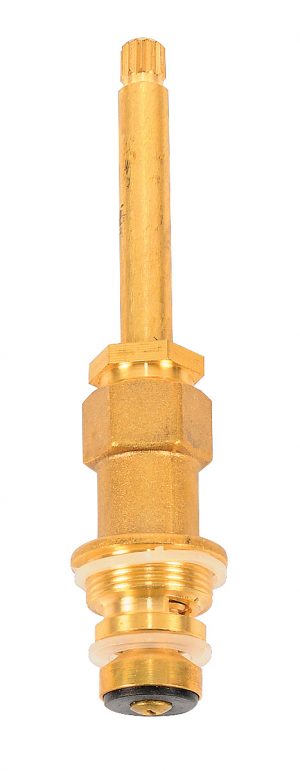 Gold-colored brass faucet cartridge on a white background.