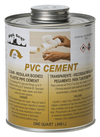 A can of PVC cement with usage instructions and warnings on the label.