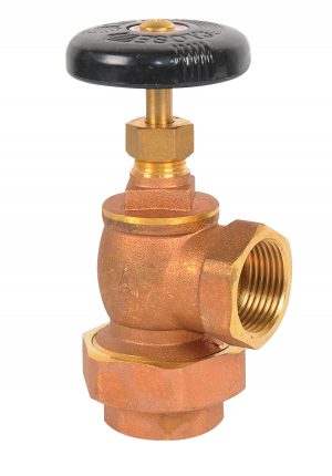 Isolated brass gate valve with black handle on white background.