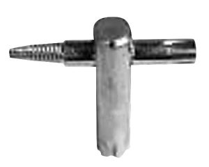 A metal T-shaped tool with a pointed end and a ridged surface.