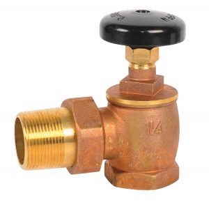 Brass water shut-off valve with a black handle on a white background.