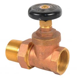 Brass gate valve with black handwheel on white background.