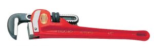 Red adjustable pipe wrench isolated on a white background.