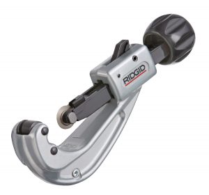 Ridgid brand pipe cutter tool with a rotating black handle on a white background.