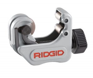 A RIDGID brand pipe cutter tool isolated on a white background.