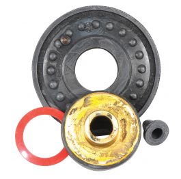 Assorted rubber gaskets and a metal flange on a white background.