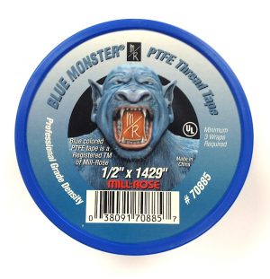 A spool of blue PTFE thread tape with a Blue Monster brand logo.