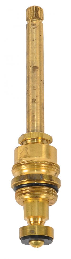 A vertical brass faucet cartridge against a white background.