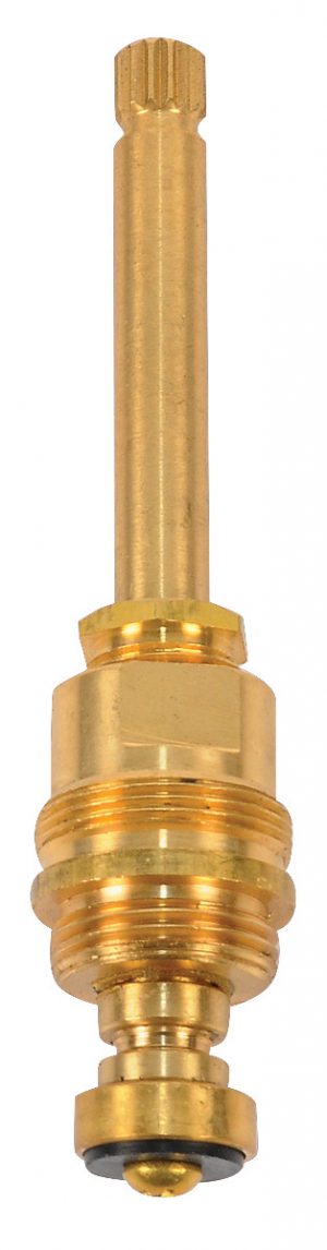 A vertical image of a brass faucet cartridge isolated on a white background.