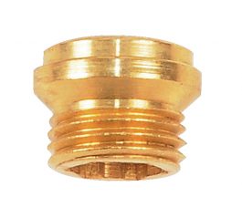 Brass hose adapter with male threads on white background.